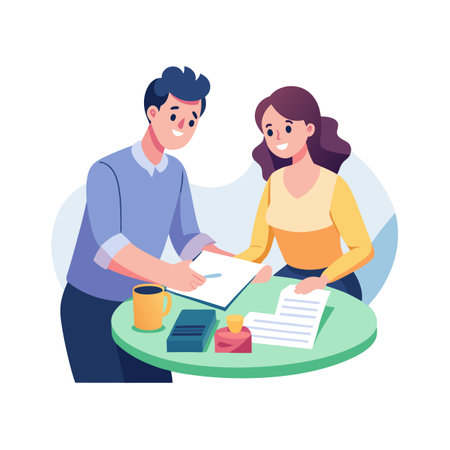 Two people signing an agreement, at work or at home, sitting by a tableのイラスト素材