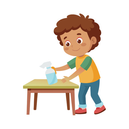 Illustration of a young boy cleaning a table with a spray bottle, house choresのイラスト素材