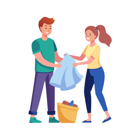 Couple tidying up together, dropping clothes into a laundry basket in a bright flat illustrationのイラスト素材