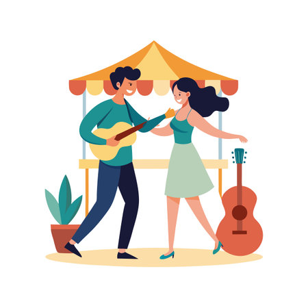 Cheerful couple dancing and playing guitar under a market stall, flat vector illustrationのイラスト素材