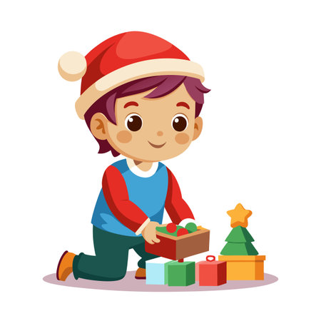 Happy little boy with a Santa hat arranging presents near a decorated Christmas treeのイラスト素材