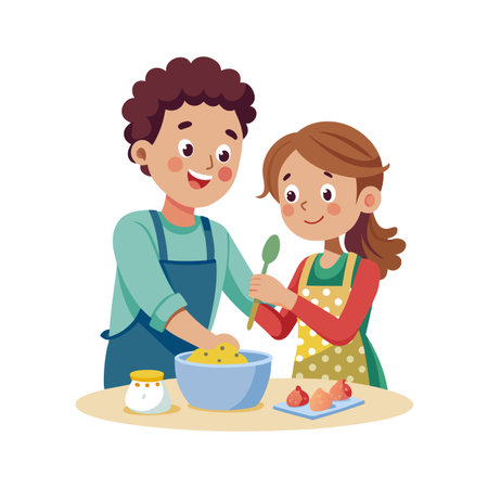 Brother and sister joyfully cooking together at a table in a kitchen settingのイラスト素材