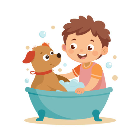 Happy boy washing a brown dog in a bathtub full of soap bubbles illustrationのイラスト素材