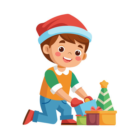 Cheerful boy in Santa hat opening gifts surrounded by presents at Christmasのイラスト素材