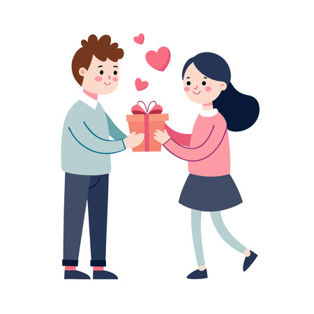 Cartoon couple exchanging gift box with floating hearts, symbolizing love and affection on Valentine's Dayのイラスト素材