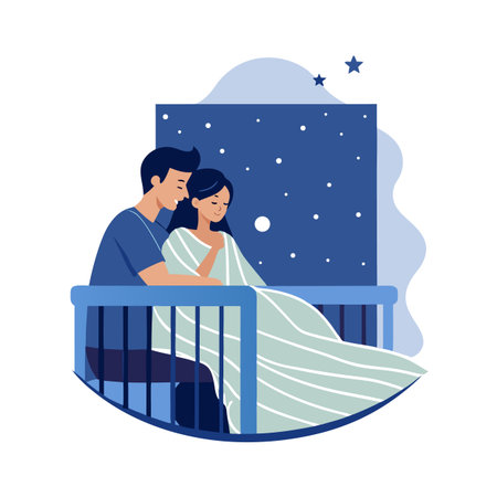 Couple Sharing Intimate Moment on Balcony Under Starry Night Sky in Flat Designのイラスト素材