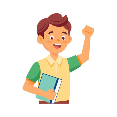 Excited student raising fist holding book, cheerful boy illustration, education and success conceptのイラスト素材