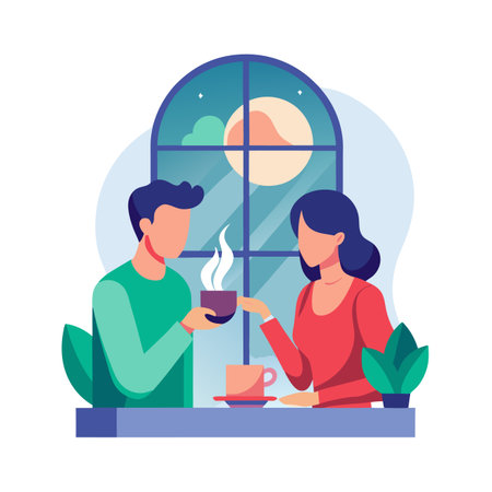 Couple sharing coffee by window at night in flat vector illustrationのイラスト素材