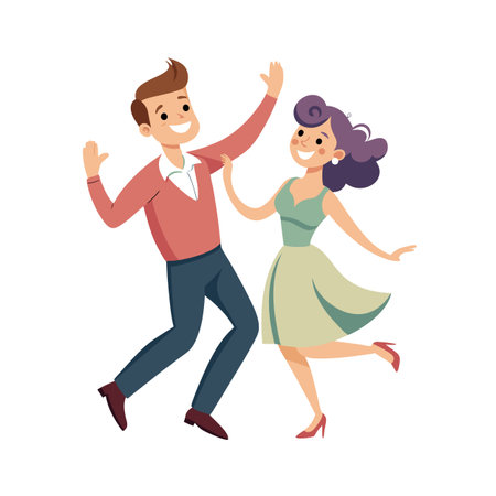 Couple joyfully dancing in a retro style, isolated on white, full of energy and movementのイラスト素材