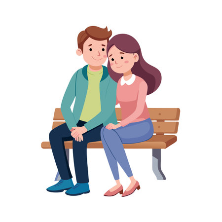 Cartoon couple in love sitting together on park bench in autumn colorsのイラスト素材