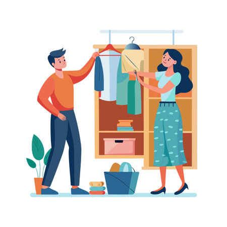 Couple organizing clothes in walk-in closet together in a tidy flat illustration styleのイラスト素材