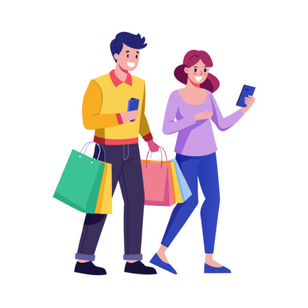 Smiling couple walking with shopping bags looking at smartphones on white backgroundのイラスト素材