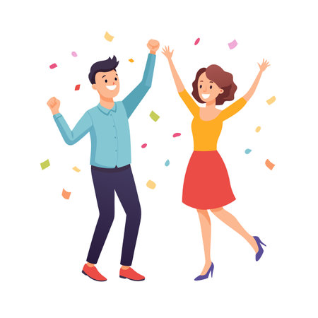 Cheerful couple celebrating success with confetti, expressing happiness and joy in a clean flat styleのイラスト素材