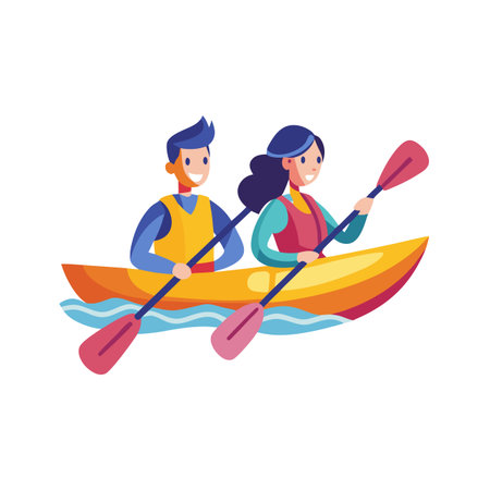 Cheerful couple kayaking together on a sunny day, enjoying outdoor recreational activity and teamworkのイラスト素材