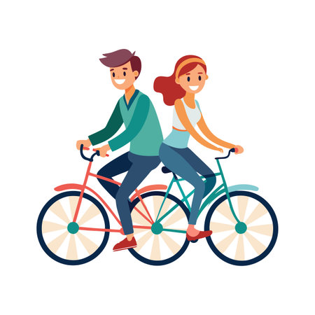Young couple riding bicycles back-to-back, enjoying a leisurely and eco-friendly outing together on bikesのイラスト素材