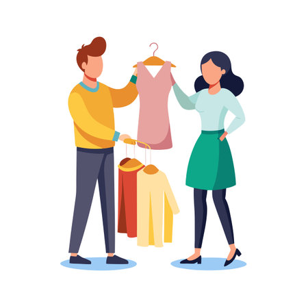 A couple selecting clothes together while shopping for new apparel in a storeのイラスト素材