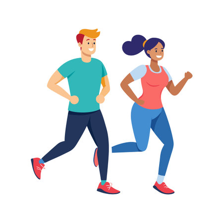Diverse couple running together in matching sportswear during a lighthearted workout sessionのイラスト素材