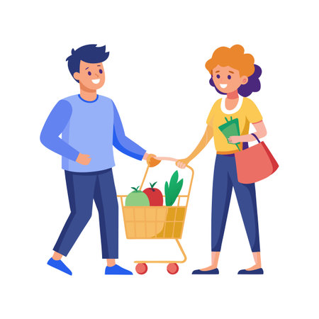 Couple shopping for healthy food with a grocery cart in a colorful and clean illustrationのイラスト素材