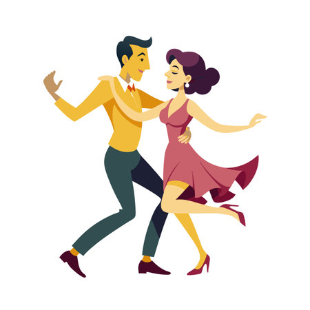 Stylized cartoon illustration of an elegant couple gracefully dancing a tango together on a white backgroundのイラスト素材