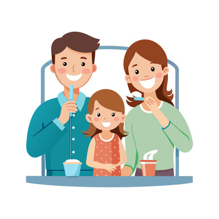 Happy family brushing their teeth together as part of their daily oral hygieneのイラスト素材