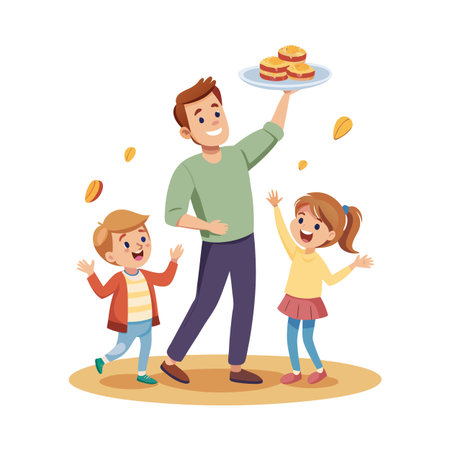 Cartoon father holding tray of desserts with children eagerly reaching up in joyful anticipationのイラスト素材