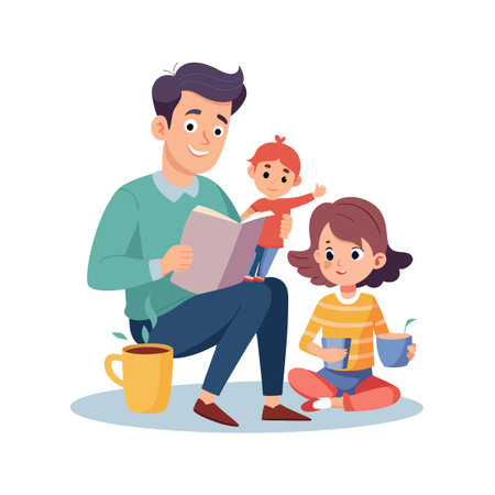 Cartoon style illustration of father reading book with children and enjoying quality timeのイラスト素材