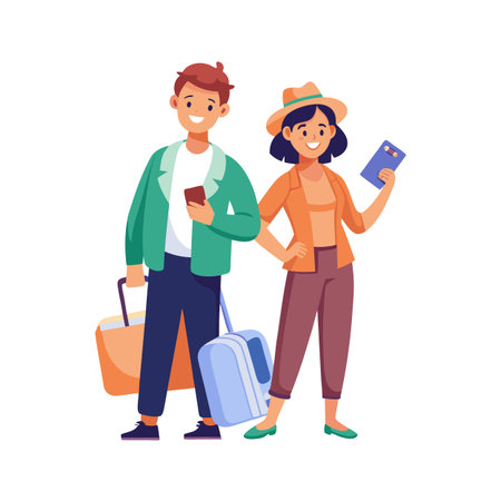 Couple ready for vacation with suitcases in a flat design styleのイラスト素材