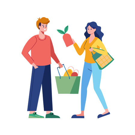 Couple enjoying shopping together holding shopping bags in flat vector designのイラスト素材