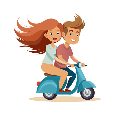 Cartoon couple riding a blue scooter isolated on white background, happy travel conceptのイラスト素材