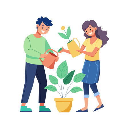 Couple watering plant in flat vector design for environmental and gardening themesのイラスト素材