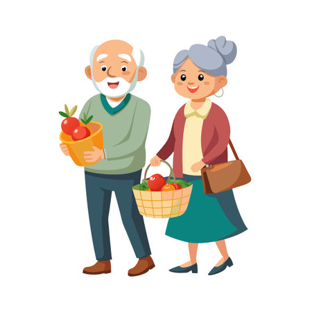 Cartoon senior couple carrying freshly harvested fruit in a basket and a bucket with applesのイラスト素材