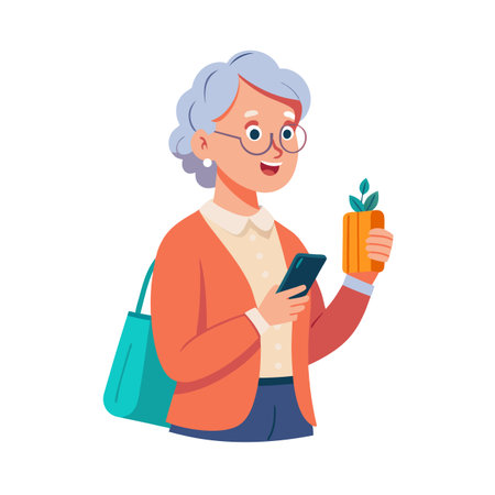 Happy senior woman using phone and holding a plant, enjoying retirementのイラスト素材