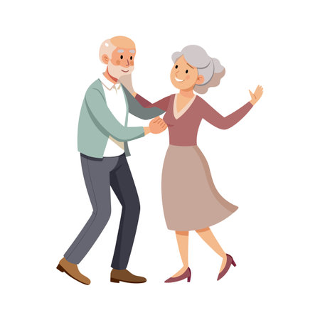 Happy senior couple dancing illustration featuring a gray haired man and woman in loveのイラスト素材