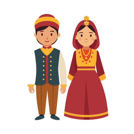Flat vector illustration of couple in traditional Azerbaijani national costumes standing against white backgroundのイラスト素材