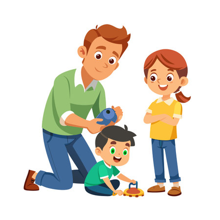 Happy family playing together illustration featuring father with children spending quality time indoorsのイラスト素材