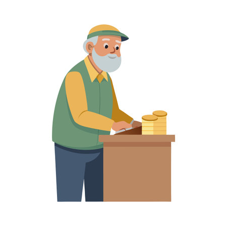 Elderly man counting gold coins at a counter concept in flat vector illustrationのイラスト素材