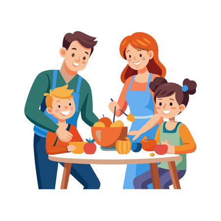 Happy family carving pumpkins together, autumn holiday preparation, seasonal activity, vector illustration of family valuesのイラスト素材