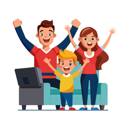 Excited family celebrates victory in front of a screen together on the couchのイラスト素材