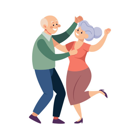 An elderly couple joyfully dances together, showcasing vibrant colors and a lively, cartoon styleのイラスト素材