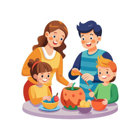 Cartoon family carving a pumpkin for Halloween at a table with bowls of ingredientsのイラスト素材