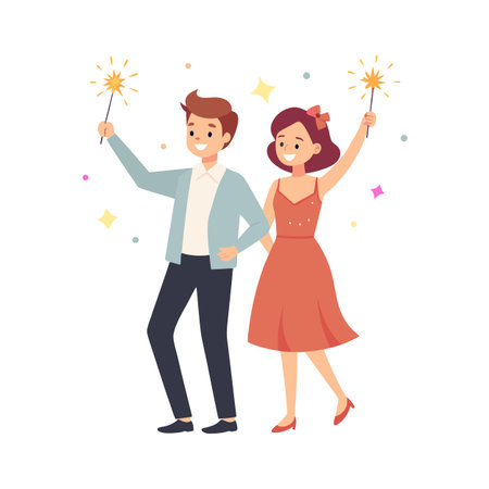 Young couple celebrating with sparklers on white background conveying joy and festive moodのイラスト素材