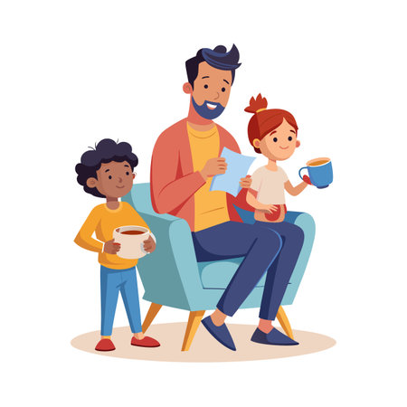 Dad reading a book with his children enjoying beverages in a light blue chairのイラスト素材