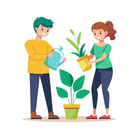 Flat vector illustration depicting a couple watering and caring for indoor plants together at homeのイラスト素材