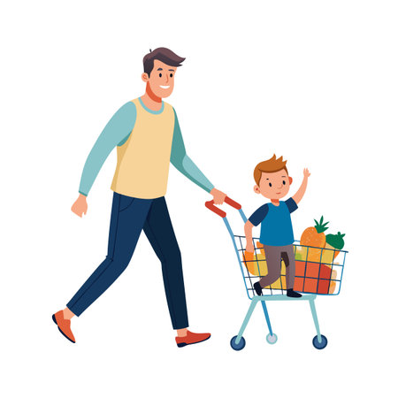Father pushing a son riding in shopping cart filled with fresh fruits and vegetablesのイラスト素材