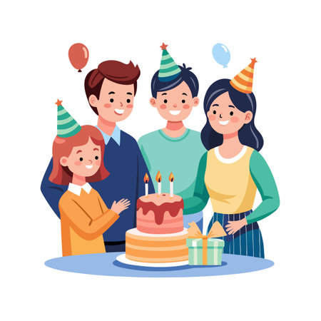 Family gathering around a birthday cake with gifts, balloons, and party hatsのイラスト素材