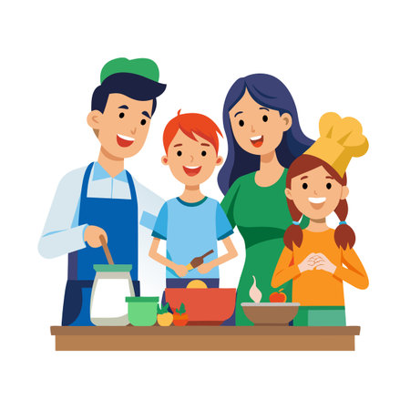 Family baking together in kitchen with father stirring and children wearing chef hatsのイラスト素材