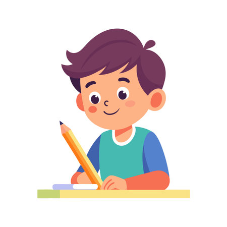 Cartoon boy focused on homework, writing or drawing with a pencil on the tableのイラスト素材
