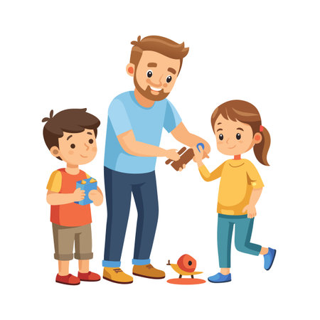 Cheerful father playing with his children sharing toys having fun family bonding moment illustrationのイラスト素材