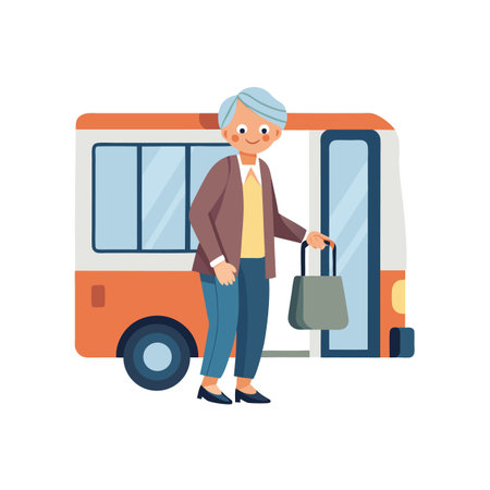 Senior woman boarding a small bus for transportation in flat vector style illustrationのイラスト素材