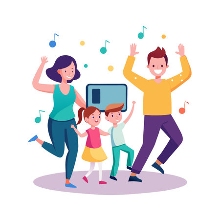 Happy family dancing together with music notes in a colorful and joyful sceneのイラスト素材